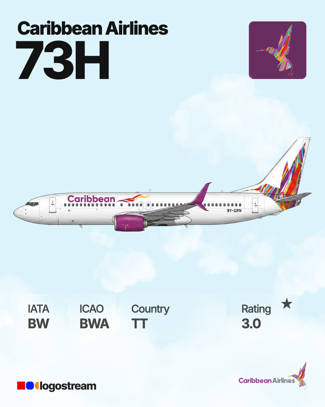 BWIA West Indies Airways aircraft livery – BWA airline logo on aircraft