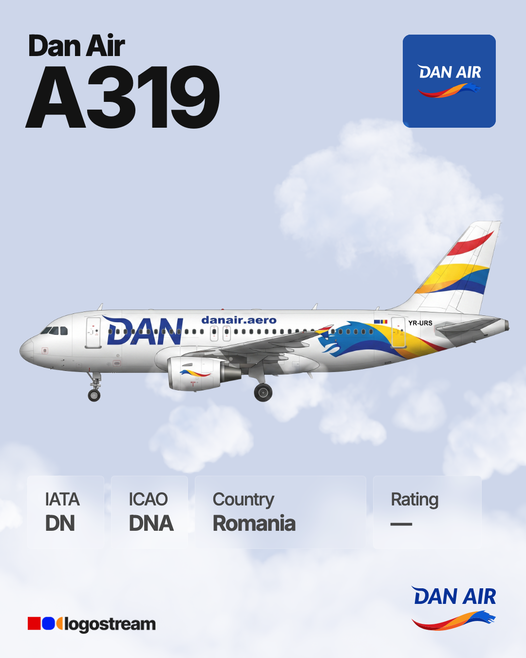 Dan Air (Romania) aircraft livery – DNA airline logo on aircraft