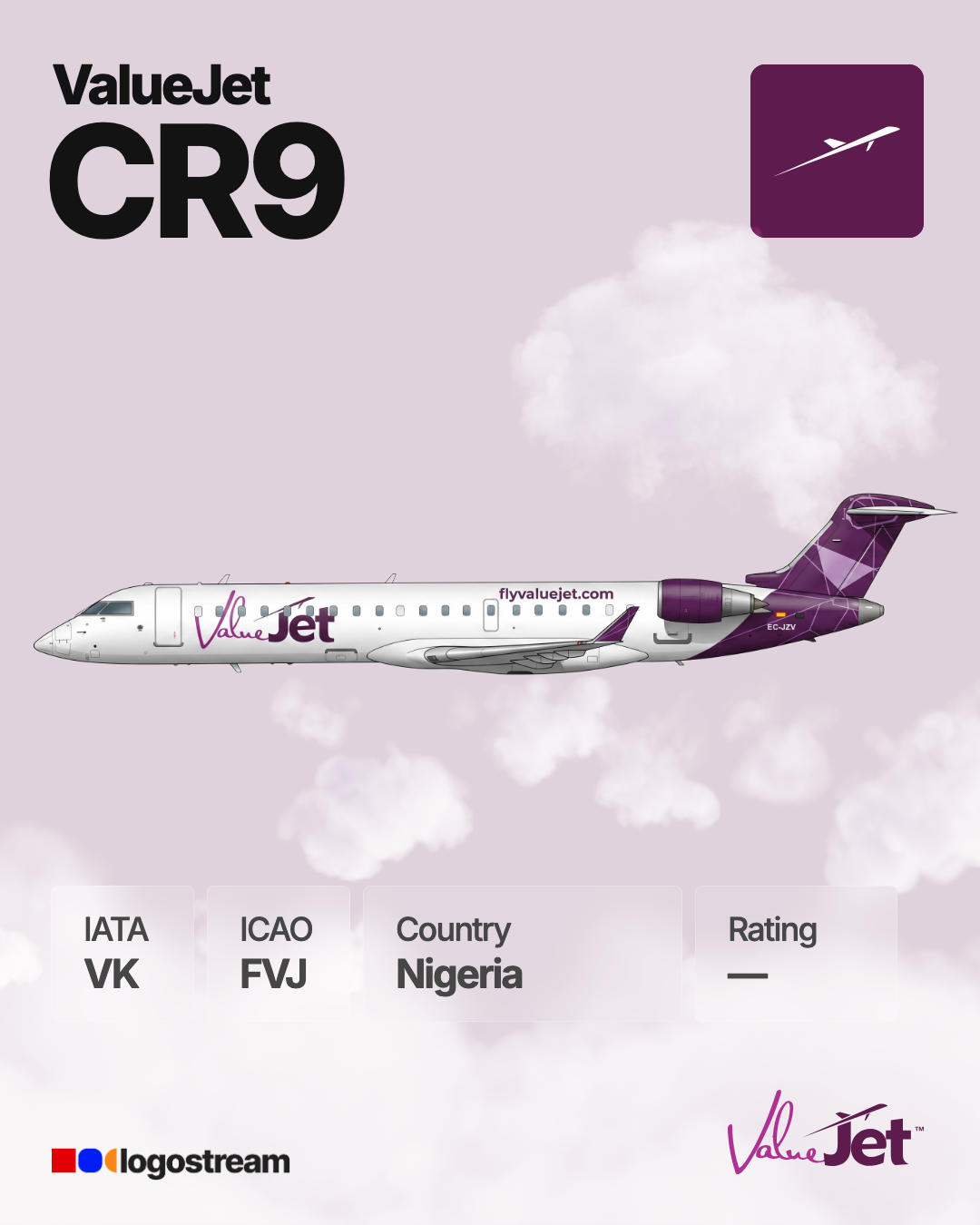 ValueJet (Nigeria) (FVJ) Aircraft Livery – Airline Logo API ValueJet (Nigeria) aircraft livery – FVJ airline logo on aircraft
