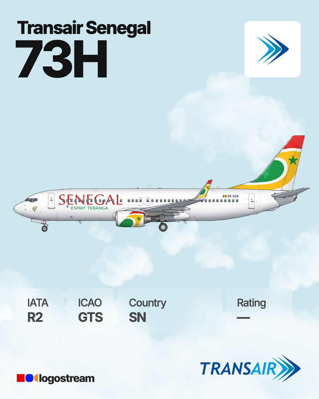 Transair (Senegal) (GTS) Aircraft Livery – Airline Logo API Transair (Senegal) aircraft livery – GTS airline logo on aircraft