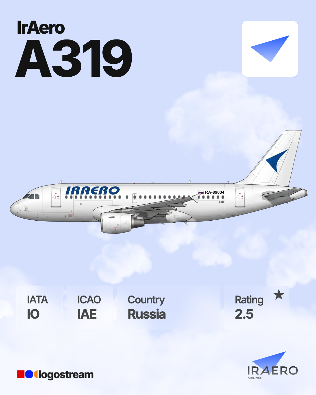 IrAero aircraft livery – IAE airline logo on aircraft