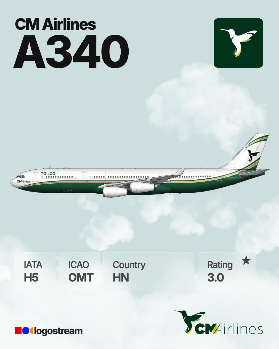 CM Airlines aircraft livery – OMT airline logo on aircraft
