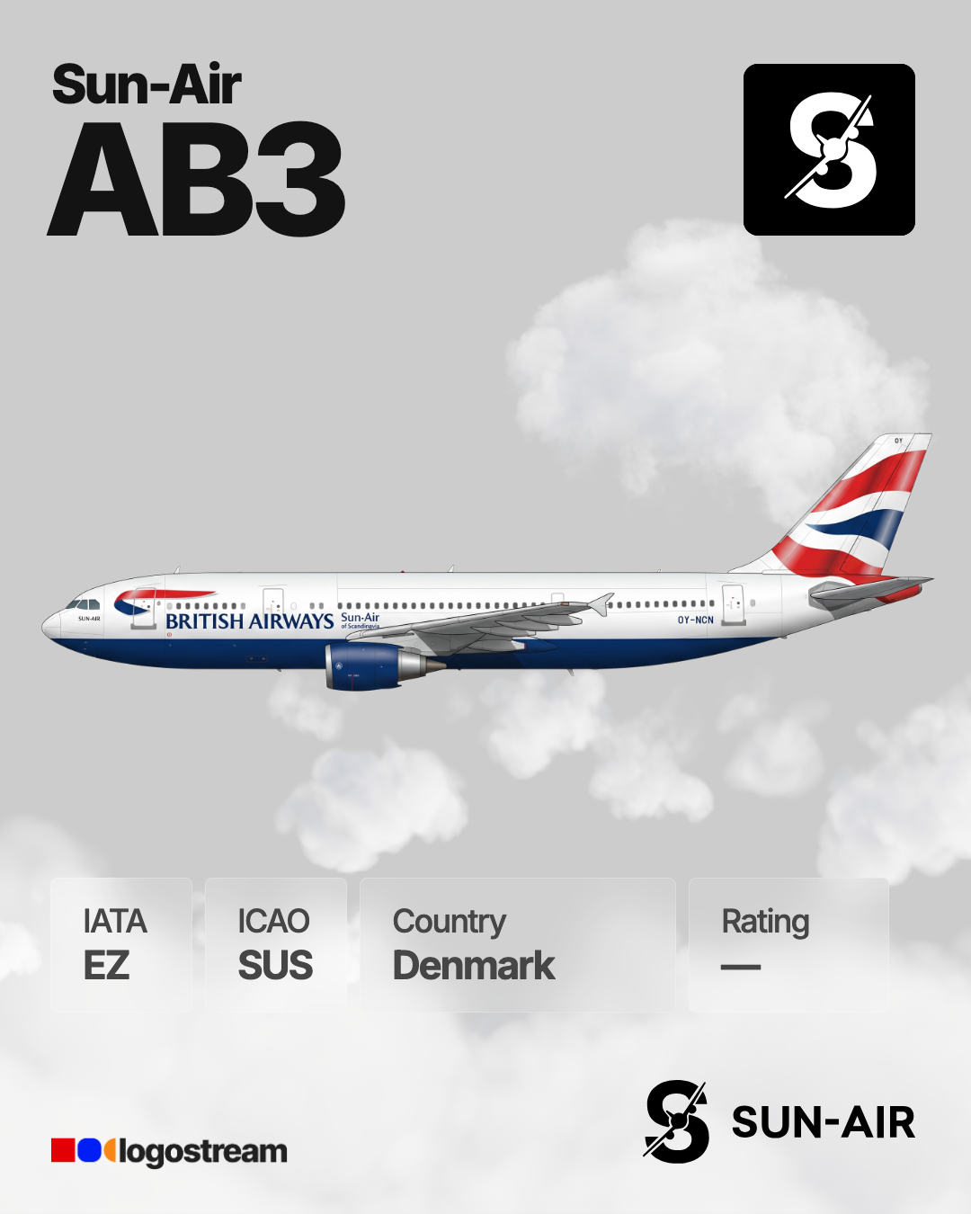Sun-Air of Scandinavia aircraft livery – SUS airline logo on aircraft